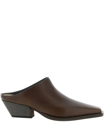 Brunello Cucinelli Square-toe Leather Mules In Brown