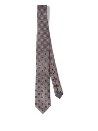 Brunello Cucinelli Silk Tie With Squares Pattern In Brown