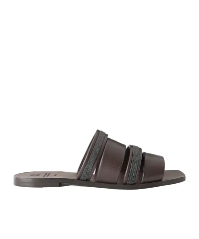 Brunello Cucinelli Embellished Leather Sandals In Brown