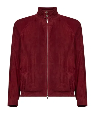 Brunello Cucinelli Stand-collar Suede Jacket In Burgundy