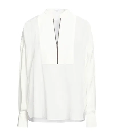 Brunello Cucinelli Stand-collar Long-sleeve Blouse In White