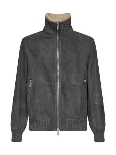 Brunello Cucinelli Steel Grey Sheepskin Bomber Jacket In Gray