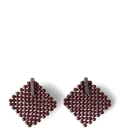 Brunello Cucinelli Sterling Silver And Hematite Square Earrings In Red