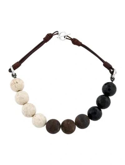 Pre-owned Brunello Cucinelli Stone, Leather & Wood Bead Strand Choker Necklace, 17" In Brown