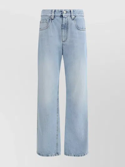 Brunello Cucinelli Straight Fit Denim Jeans With Leather Patch In Denim Chiaro