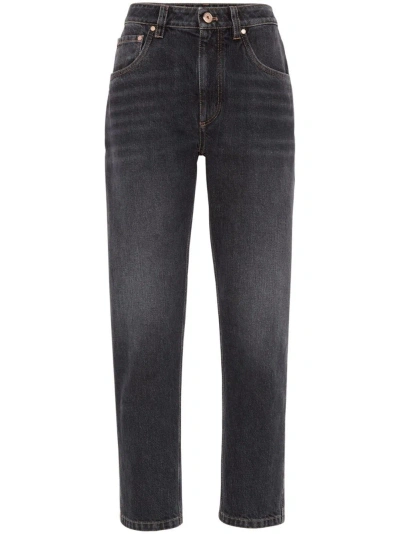 Brunello Cucinelli Grey Straight Jeans With Logo Patch In Denim Woman In Anthracite