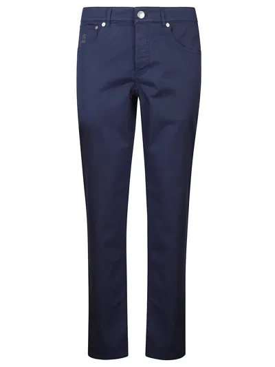 Brunello Cucinelli Straight Leg Cotton Trousers With Embroidered Logo In Blue