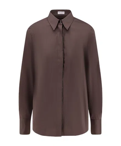 Brunello Cucinelli Straight-point Collared Buttoned Shirt In Brown