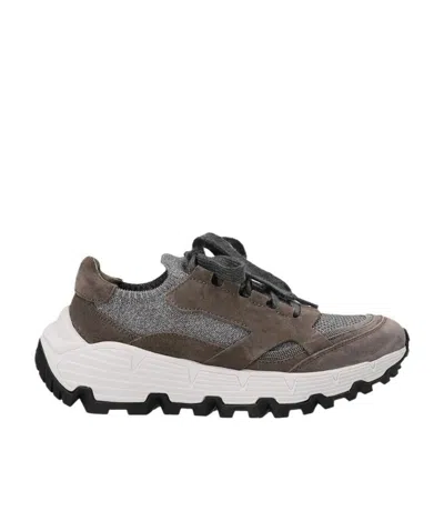 Brunello Cucinelli Bead-embellished Metallic Mesh And Suede Sneakers In Grey