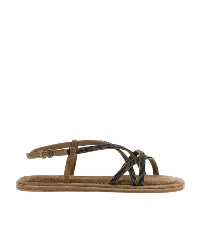 Brunello Cucinelli Strappy Flat Sandals In Brown