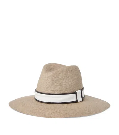 Brunello Cucinelli Straw Embellished Fedora Hat In Cool Beige