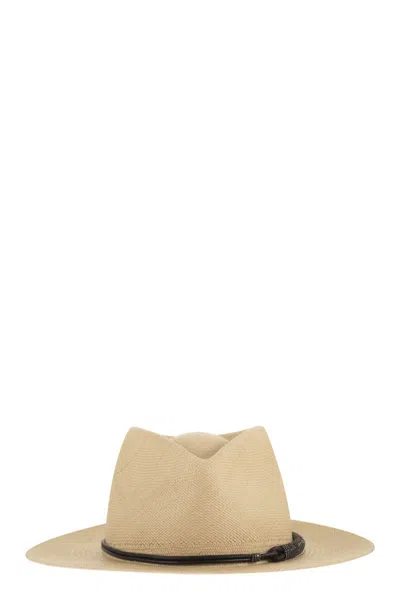 Brunello Cucinelli Straw Fedora With Precious Leather Band In Brown
