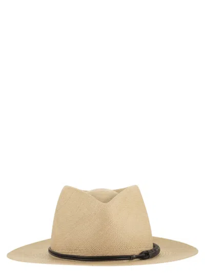 Brunello Cucinelli Straw Fedora With Precious Leather Band In Brown