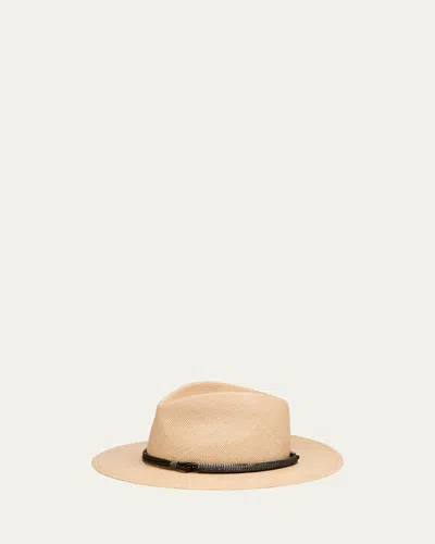 Brunello Cucinelli Straw Fedora With Precious Leather Band In Light Beige