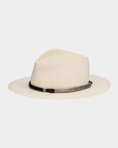 Brunello Cucinelli Straw Fedora With Precious Leather Band In White