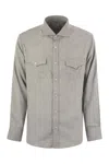 Brunello Cucinelli Men Stretch Cotton Chevron Flannel Easy Fit Shirt With Snap Buttons, Epaulettes A In Gray