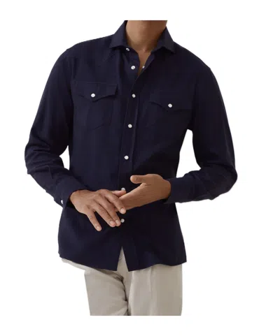 BRUNELLO CUCINELLI STRETCH COTTON CHEVRON FLANNEL EASY FIT WESTERN SHIRT