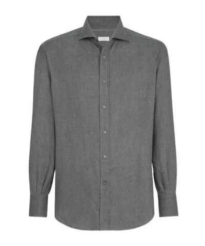 Brunello Cucinelli Stretch Cotton Chevron Flannel Shirt With Spread Collar In Multi