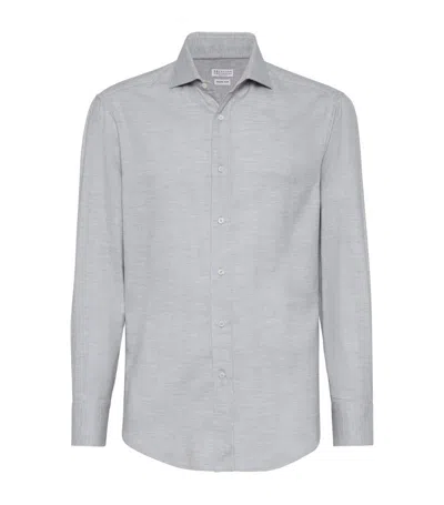 Brunello Cucinelli Stretch-cotton Chevron Slim-fit Shirt In Grey