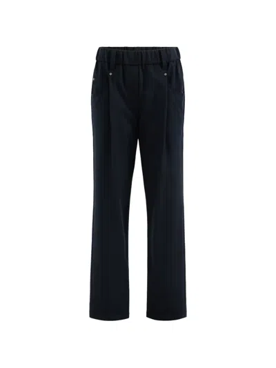Brunello Cucinelli Stretch Cotton Cover Baggy Pull-on Trousers With Shiny Bartack In Blue