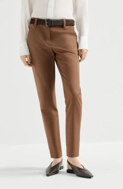 Brunello Cucinelli Stretch Cotton Cover Slim Fit Trousers In Brown