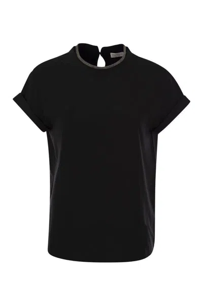 Brunello Cucinelli Stretch Cotton Jersey T-shirt With Precious Faux-layering In Black