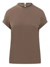 Brunello Cucinelli Stretch Cotton Jersey T-shirt With Precious Faux Layering Clothing In Brown