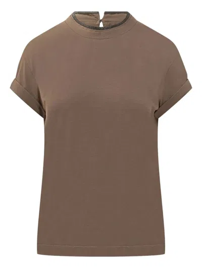 Brunello Cucinelli Stretch Cotton Jersey T-shirt With Precious Faux Layering In Brown