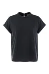 Brunello Cucinelli Blue Crewneck T-shirt With Monil Detail On The Collar And Rear Cut-out In Cotton Stretch Woman In Night Blue