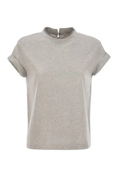 Brunello Cucinelli Stretch Cotton Jersey T-shirt With Precious Faux-layering In Silver