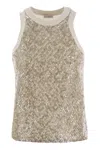 Brunello Cucinelli Stretch Cotton Jersey Top With Dazzling Net Embroidery In Gold