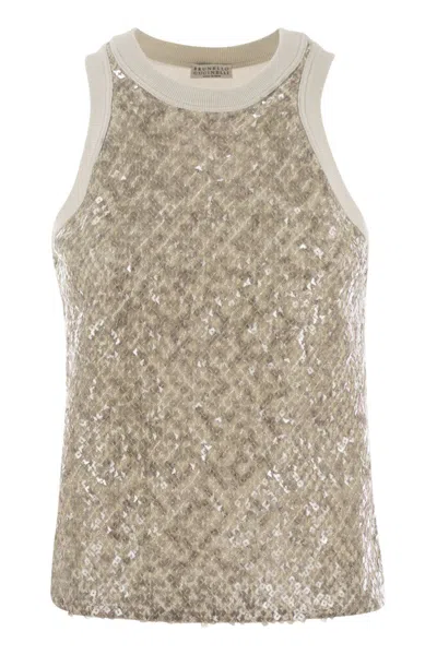 BRUNELLO CUCINELLI BRUNELLO CUCINELLI STRETCH COTTON JERSEY TOP WITH DAZZLING NET EMBROIDERY