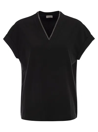 Brunello Cucinelli Stretch Cotton Jersey T-shirt With Precious Neckline In Black