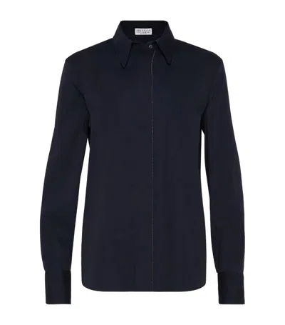 Brunello Cucinelli Stretch-cotton Monili-trim Shirt In Blue