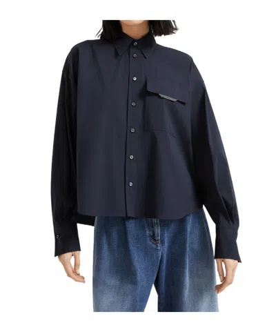 Brunello Cucinelli Stretch Cotton Poplin Cropped Shirt With Shiny Flap Detail In Black