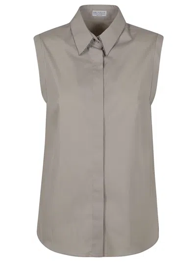 Brunello Cucinelli Stretch Cotton Poplin Shirt In Grey