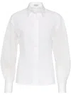 Brunello Cucinelli Stunning White Stretch Cotton Poplin Shirt With Light Knit Sleeves And Necklace
