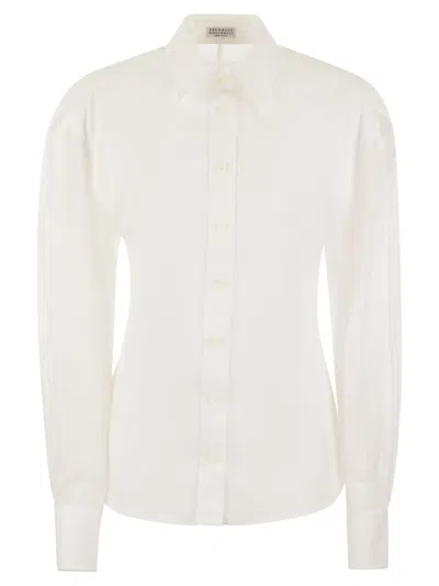 Brunello Cucinelli Stunning White Stretch Cotton Poplin Shirt With Light Knit Sleeves And Necklace