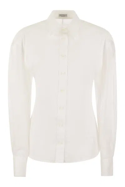 Brunello Cucinelli Stretch Cotton Poplin Shirt With Cotton Organza Sleeves And Necklace In White