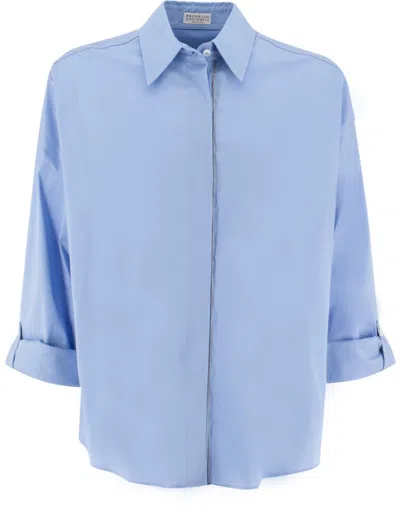 Brunello Cucinelli Stretch Cotton Poplin Shirt With Jewel Embroidery In Blue