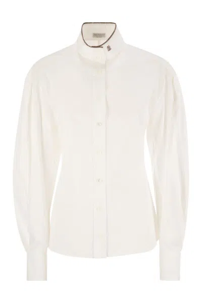 Brunello Cucinelli Stretch Cotton Poplin Shirt With Shiny Collar Detail In White