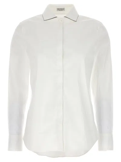 Brunello Cucinelli Stretch Cotton Poplin Shirt With Shiny Collar Trim In Multi