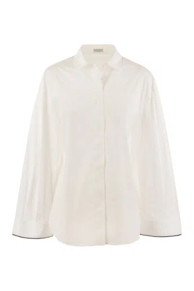 Brunello Cucinelli Stretch Cotton Poplin Shirt With Shiny Cuff Details In White