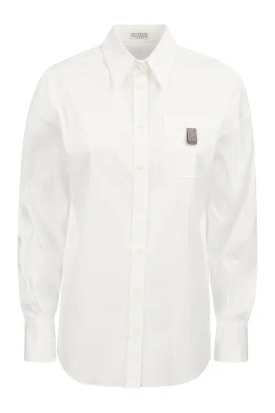 Brunello Cucinelli Stretch Cotton Poplin Shirt With Shiny Jeweled Breast Pocket In White