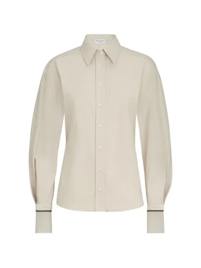 Brunello Cucinelli Stretch Cotton Poplin Shirt With Shiny Silk Cuffs In Neutral