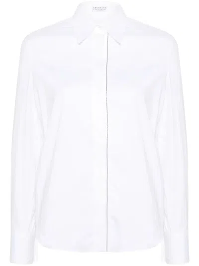 Brunello Cucinelli Stretch Cotton Poplin Shirt With Shiny Trim Clothing In White
