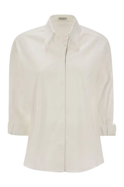 Brunello Cucinelli Stretch Cotton Poplin Shirt With Shiny Trim In Neutral