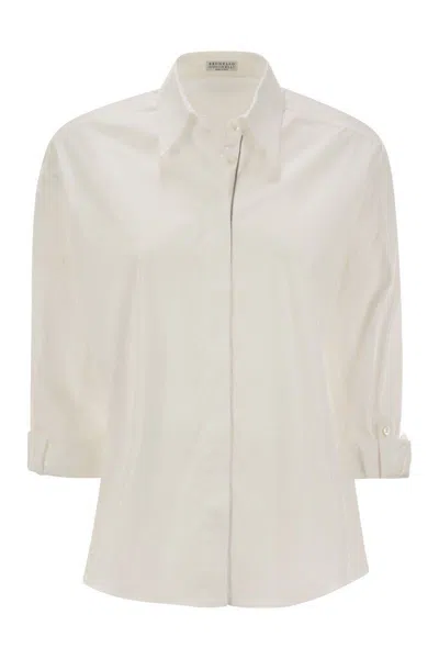Brunello Cucinelli Stretch Cotton Poplin Shirt With Shiny Trim In White