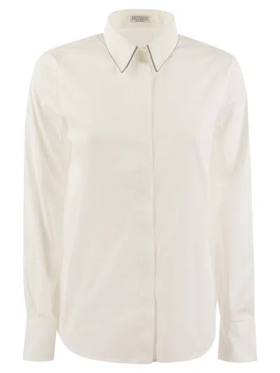 Brunello Cucinelli Stretch Cotton Poplin Shirt With Shiny Trim In White