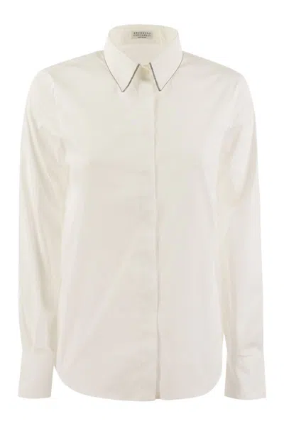 Brunello Cucinelli Stretch Cotton Poplin Shirt With Shiny Trim In White